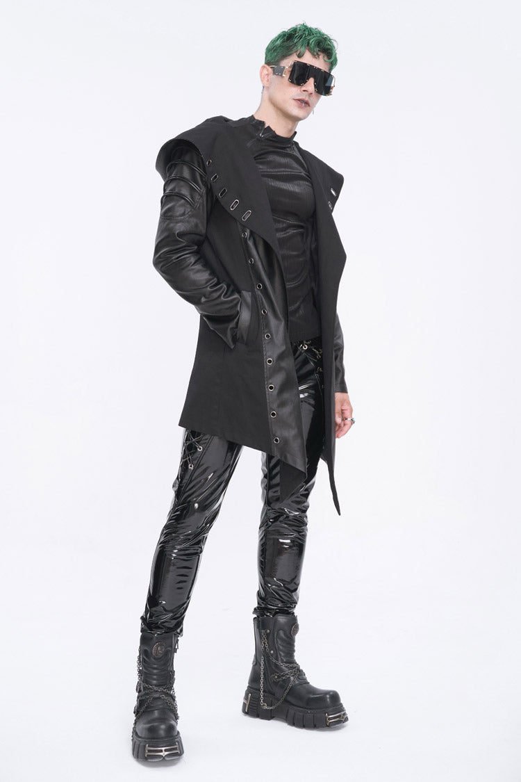 Eyelet Black Asymmetric Gothic Jacket with Hood for Men
