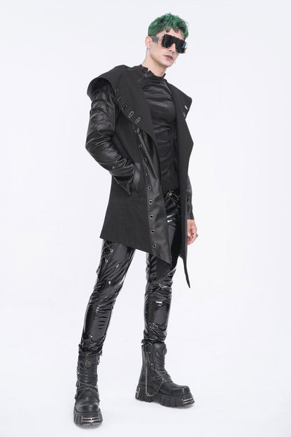 Eyelet Black Asymmetric Gothic Jacket with Hood for Men