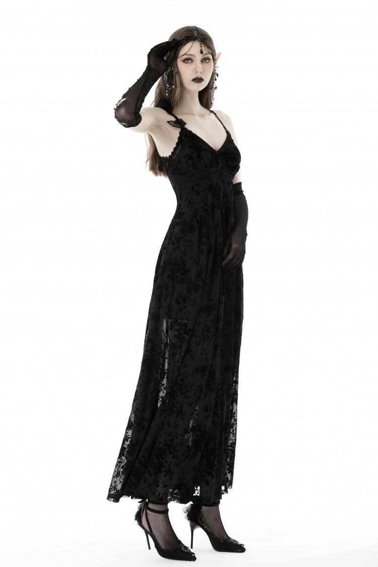 Maxi Rose Print Gothic Slip Dress with Lace-Up Back - NoirEdge