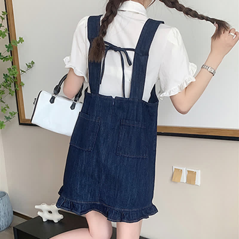 Denim Set Pocket Dress T-Shirt Lapel Overall Tie