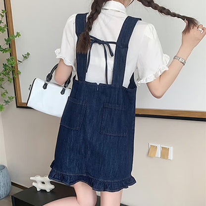 Denim Set Pocket Dress T-Shirt Lapel Overall Tie