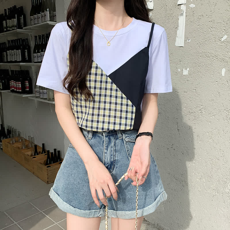 Denim Chic Round T-Shirt Collar Colorblock Pocketed Shorts