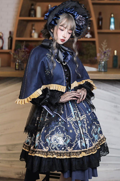 Black Gothic Lolita OP Dress with Lace Ruffled Long Sleeves