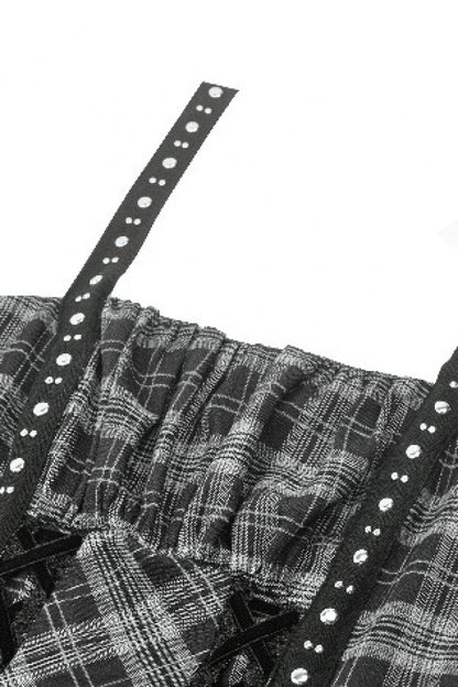 Charcoal Layered Lace Hem Plaid Slip Dress - Punk Party Attire