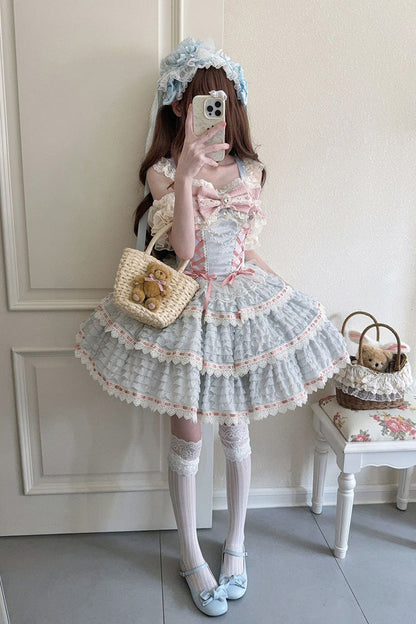 Blue Floral Letters Song Sleeveless Triple-Layered Bow Lace-Up Sweet Lolita Jsk Dress