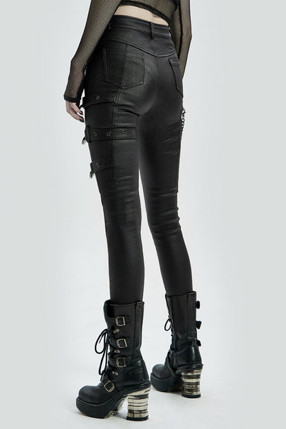 Women's Steampunk Pants with Metal Love Lock Buckles in Black Faux Leather