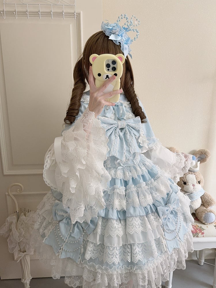 Blue Big Bows Decoration Tiered Skirt Hanayome Lolita Dress