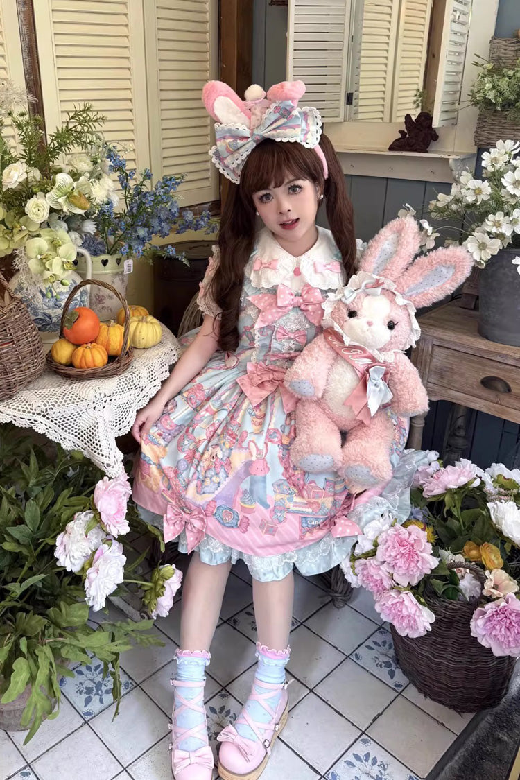 Blue Pink Rainbow Buffy Bunny Sleeveless Double Layer Ribbon Doll Print Ruffle Bow Sweet Lolita JSK Set
