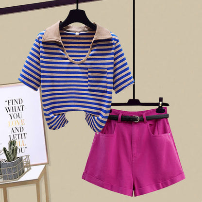 T-Shirt Stripe Denim Pocket Shorts Top Crop