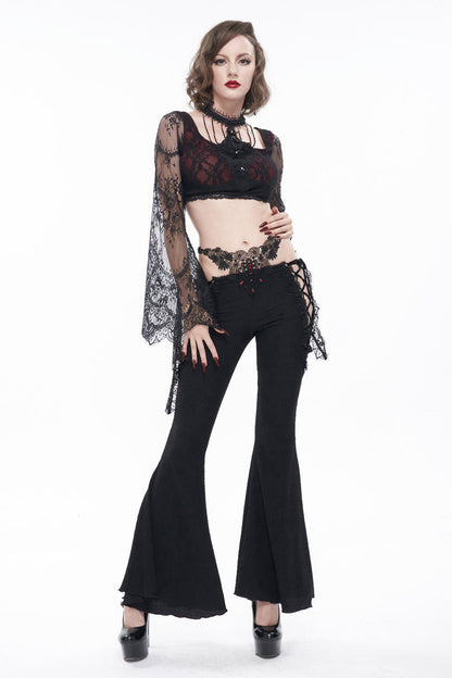 Gothic Flared Pants with Lace-Up Cutouts and Gems