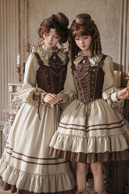 At Sunset Round-Collar Lantern-Sleeved Double-Layered Printed Ruffled Classic Lolita Dress in Beige and Brown, 2 Versions