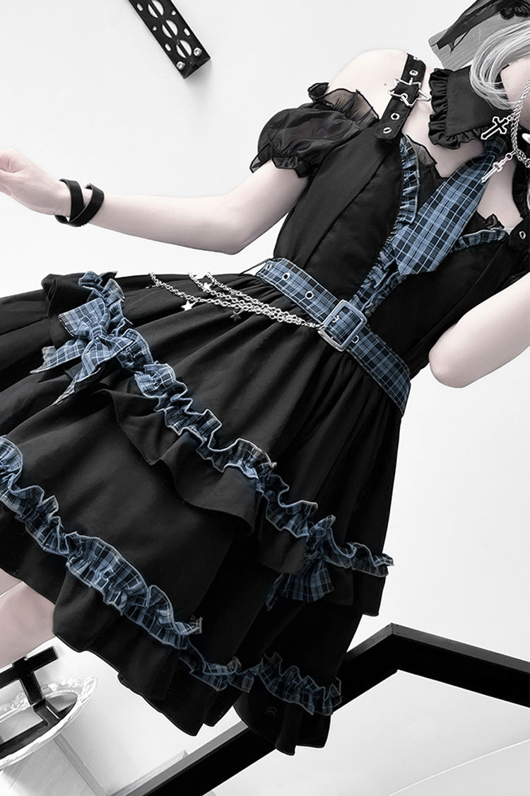 Black Dark Night Starlight Chain Ruffle Bow Lace Buckle Gothic College Lolita Dress Set