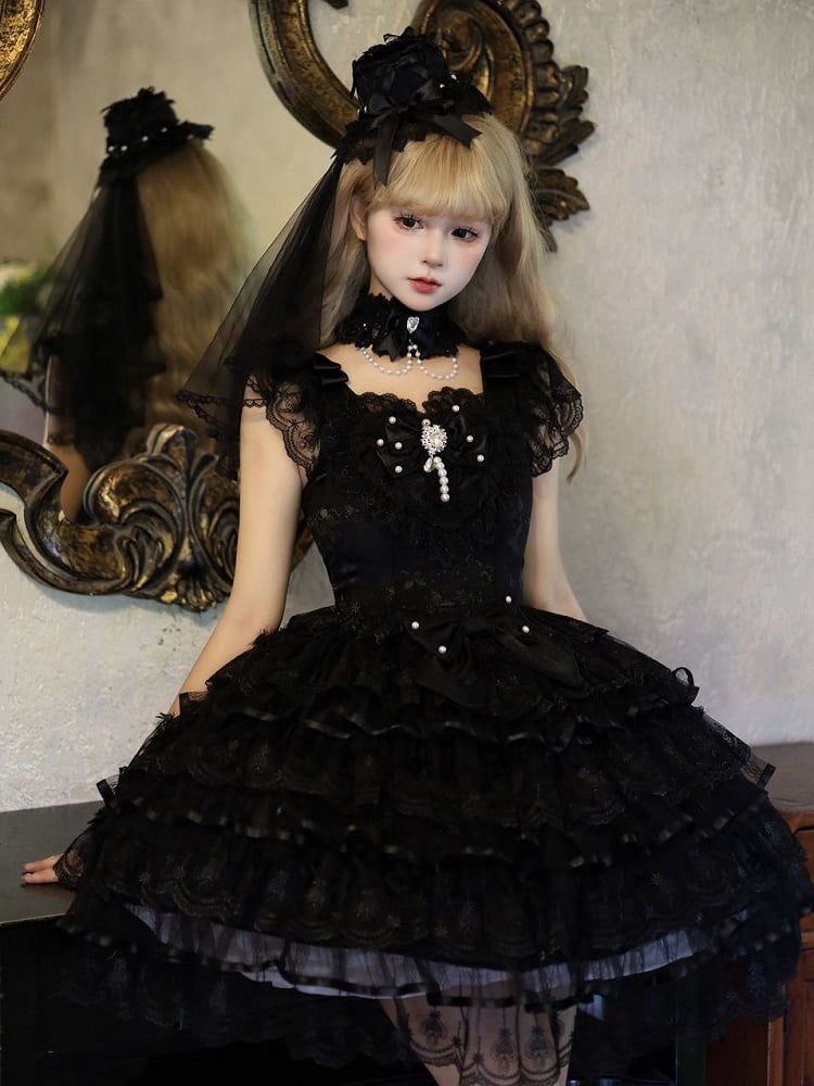 All Black Butterfly Fabric Bodice Hanayome Tiered Skirt Lolita Hime Dress