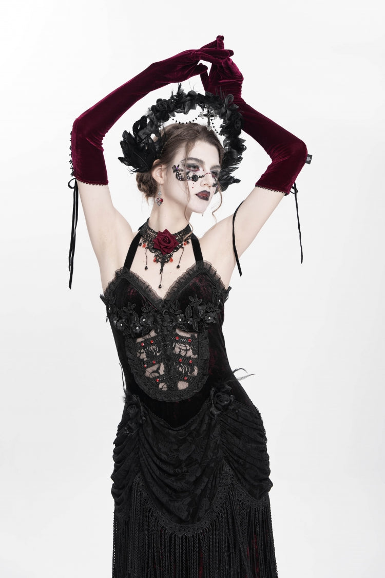 Sleeveless Hollow Floral Lace-Up Pleated Gothic Maxi Dress