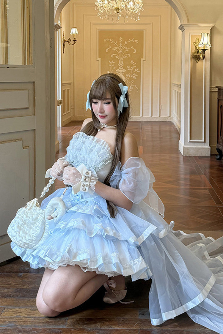 Off-Shoulder Sleeveless Triple-Ruffle Ballet Dress Set with Bow