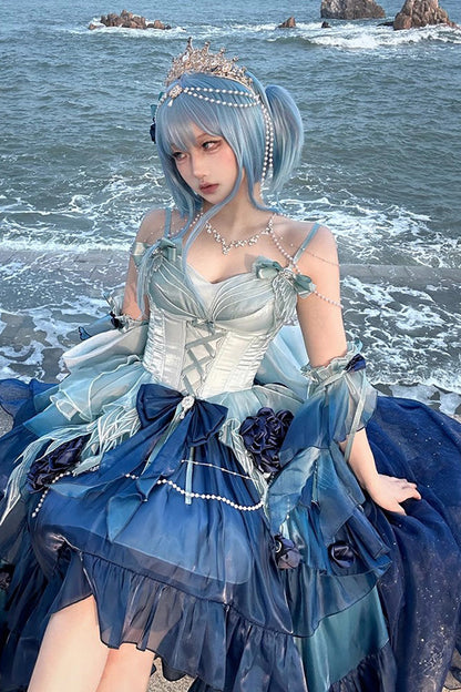 Undersea Blue Sweet Ballet Lolita Swan Wonderland Embroidery Lace-Up Asymmetric JSK Dress