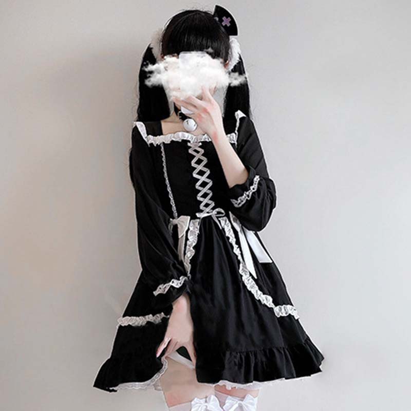 Robe de demoiselle d'honneur noire à lacets et nœud papillon Lolita