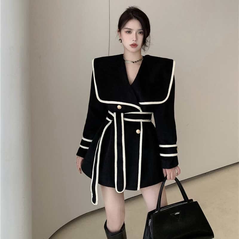 Elegant Print Sailor Collar Belted Coat