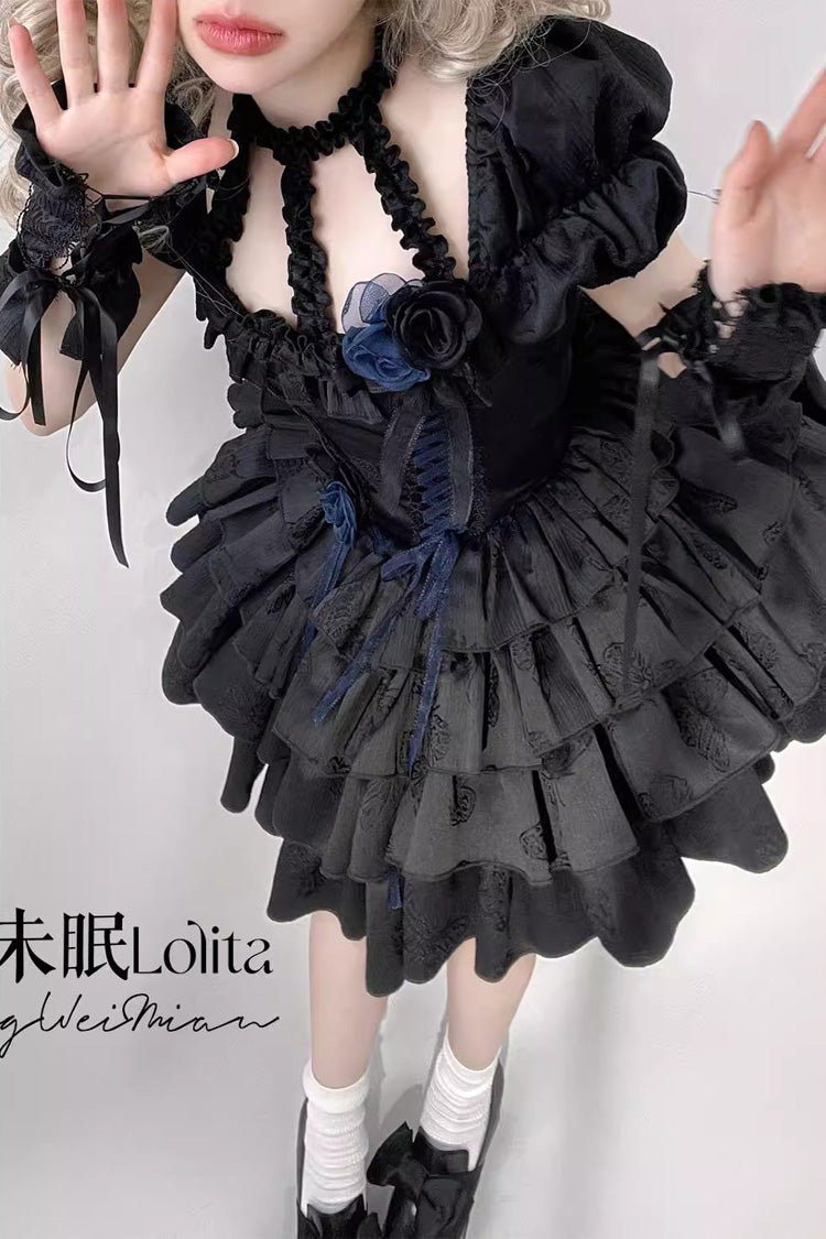 Halterneck Gothic Dress with Multi-Layered Ruffled Bow and Fishbone Lace-Up