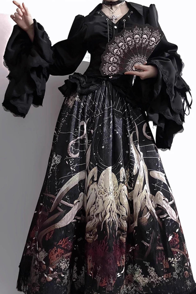 Long Hime Sleeves Gothic Skirt Dress Set with Printed Lace - Reborn Ancient God