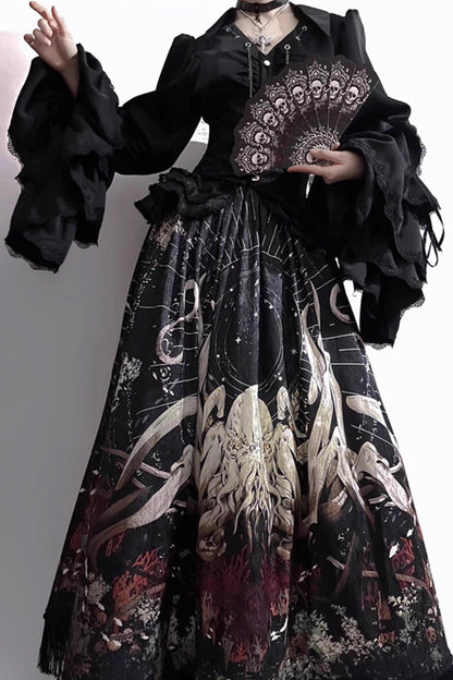 Long Hime Sleeves Gothic Skirt Dress Set with Printed Lace - Reborn Ancient God