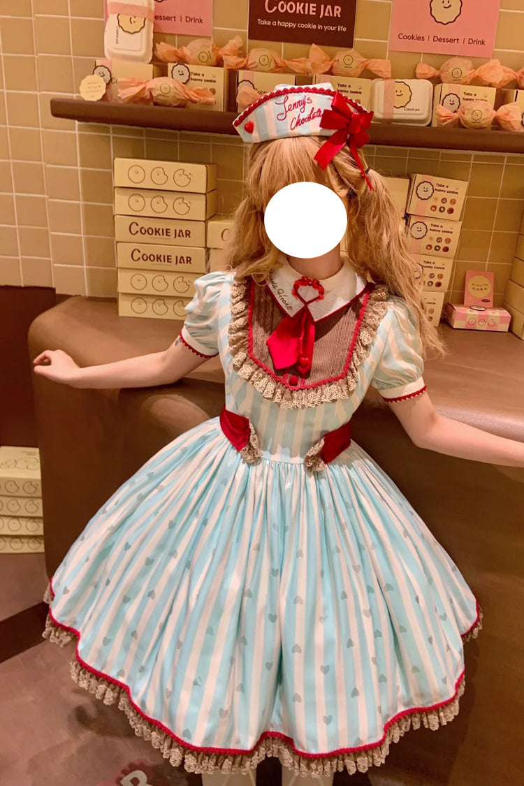 Emerald Jenny's Chocolate Short Sleeves Vertical Stripes Print Ruffle Bow Sweet Lolita Dress