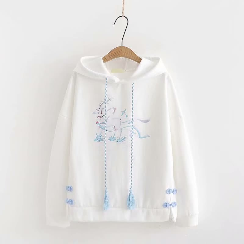 Vintage Deer Print Buckle Plush Hoodie