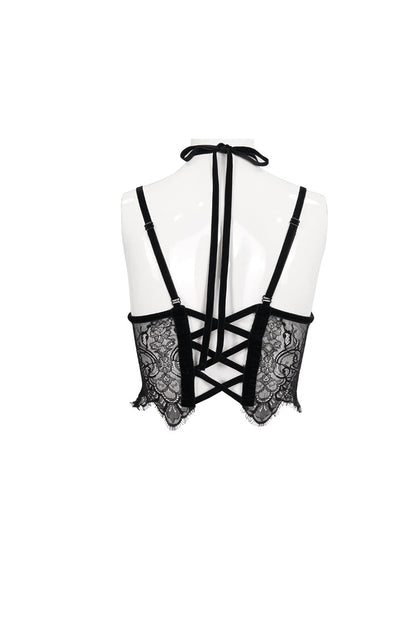 Velvet Chest Cutout Lace Hidden Side Zipper Sexy Gothic Halter Lingerie