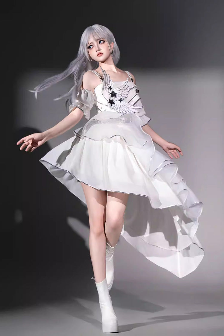 Asymmetric Futuristic Punk Jumper Dress Set - White Silver Wings