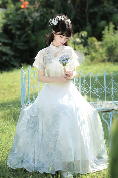 White Hydrangea Message Short Sleeves Print Ruffle Lace Sweet Chinese Style Elegant Lolita Dress