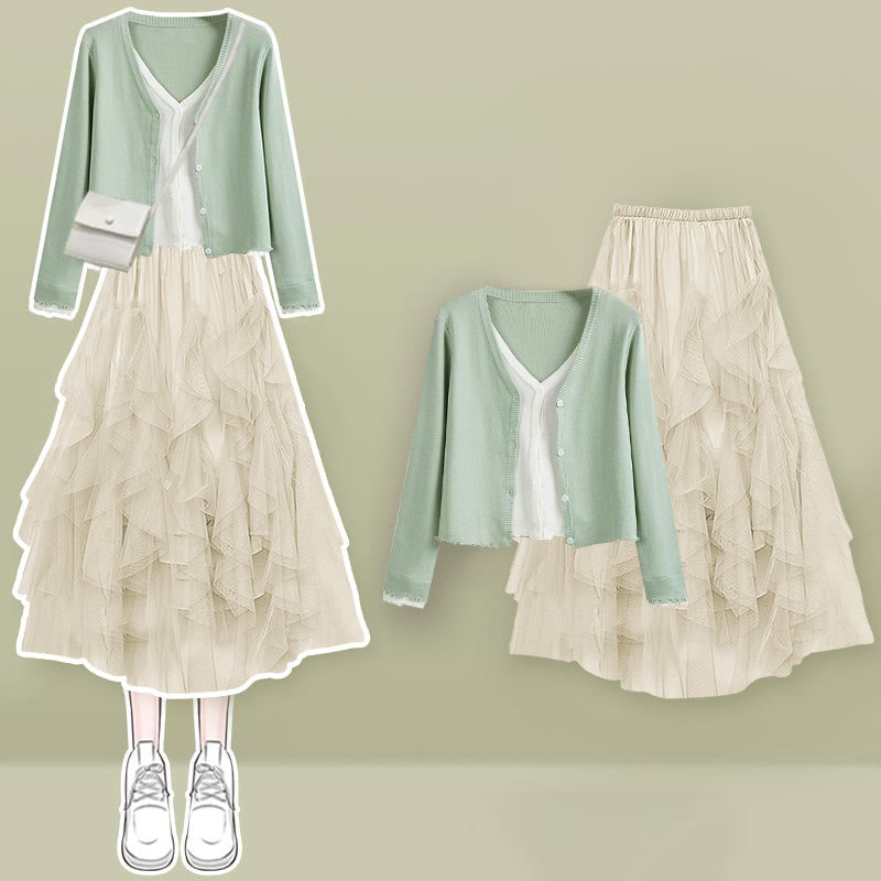 Shirt Fake Colorblock Skirt Tulle Set Tiered