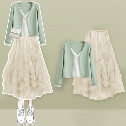 Shirt Fake Colorblock Skirt Tulle Set Tiered