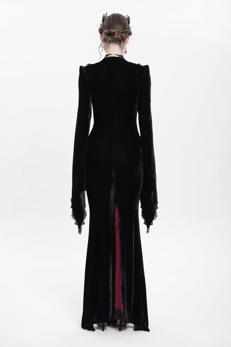 Trumpet Sleeve Floral Embroidered Velvet Gothic Dress