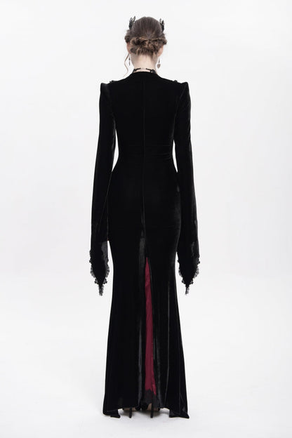 Trumpet Sleeve Floral Embroidered Velvet Gothic Dress