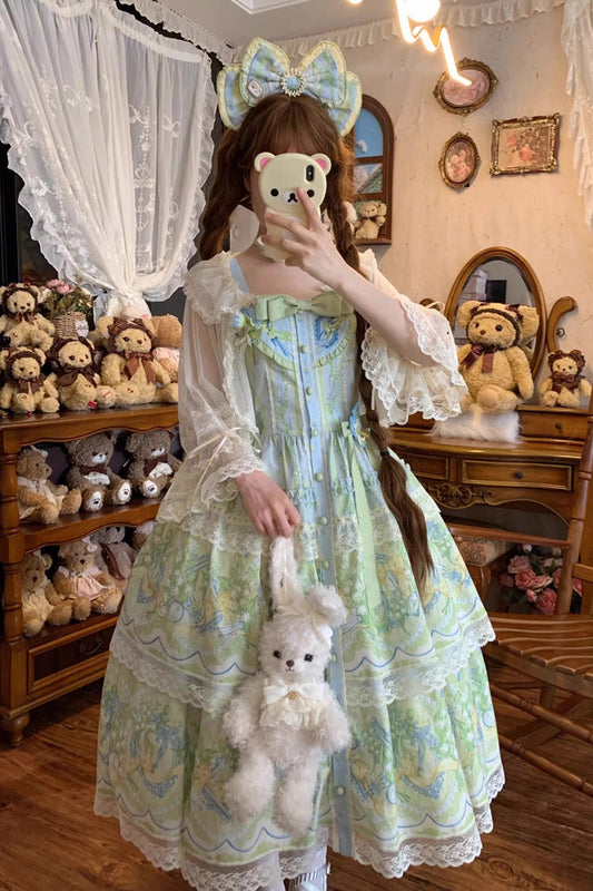 Blue Green Lily of the Valley Perfume Pearl Candy Tea Doll Collar Sleeveless Print Lace Plus Sweet Lolita JSK