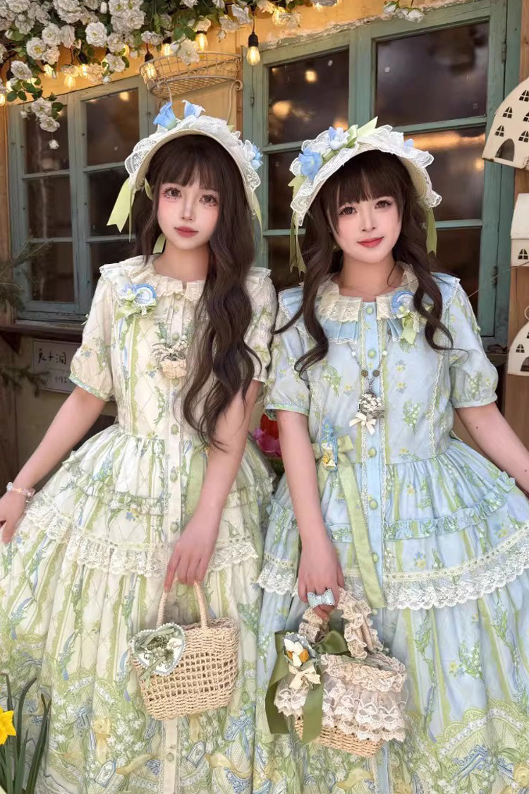 Blue Green Lily of the Valley Perfume Pearl Candy Tea Doll Collar Short Sleeve Print Lace Plus Sweet Lolita OP