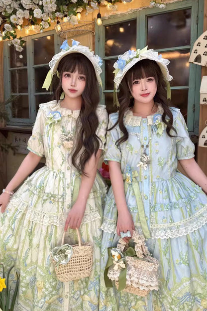 Blue Green Lily of the Valley Perfume Pearl Candy Tea Doll Collar Short Sleeve Print Lace Plus Sweet Lolita OP