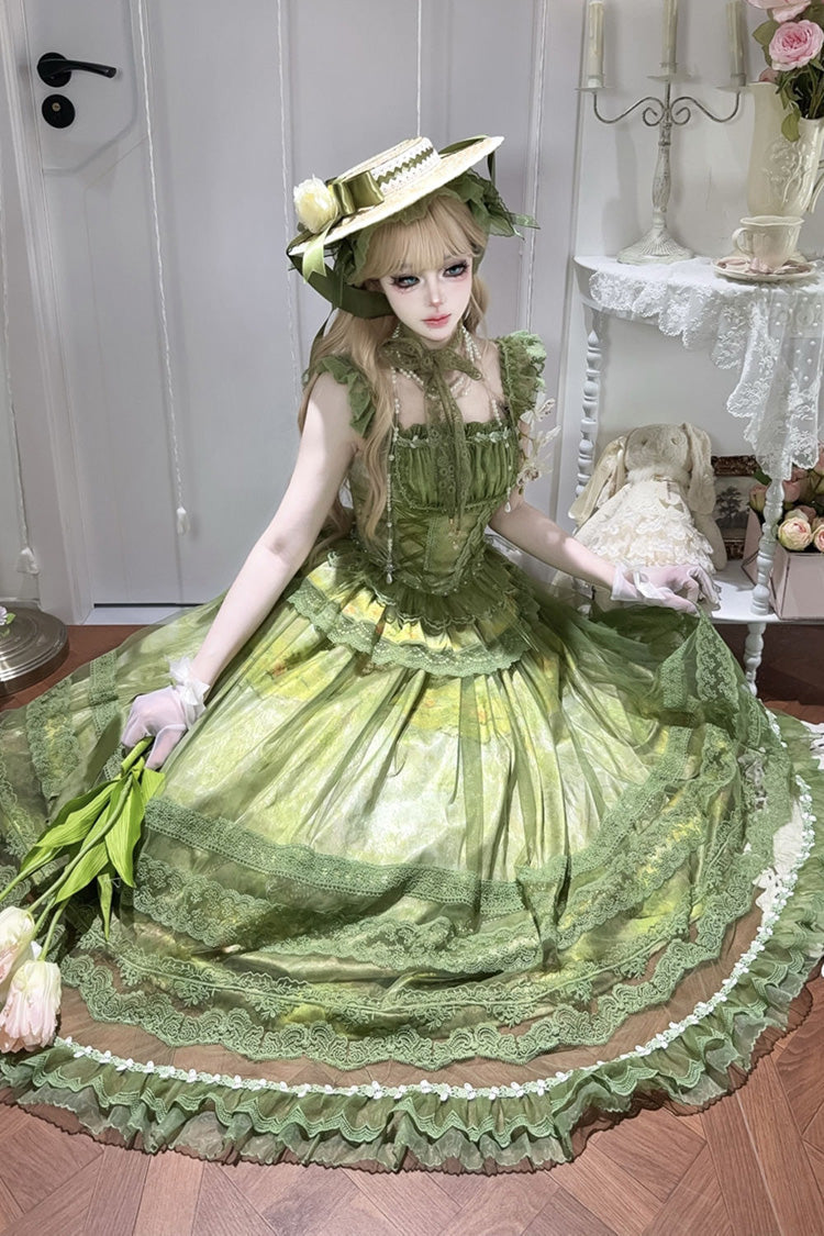 Emerald Mist-Shrouded Vineyard Sleeveless Ruffle Bowknot Lace-Up Sweet Lolita JSK Set
