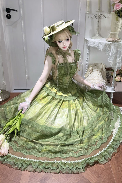 Emerald Mist-Shrouded Vineyard Sleeveless Ruffle Bowknot Lace-Up Sweet Lolita JSK Set