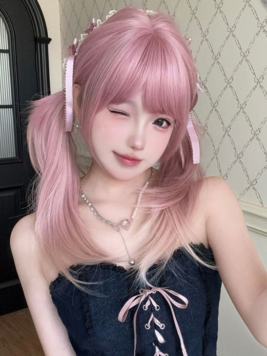 Pink Ombre Hair Color 68CM Length Straight Wig With Air Bangs