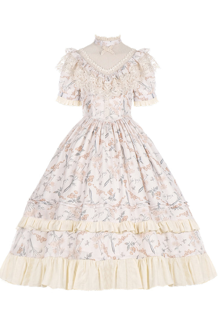 Daisy Cherry Embroidered Edwardian Lolita Dress with Short Sleeves