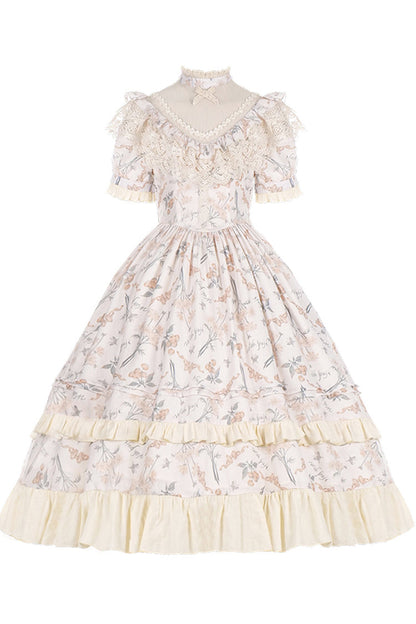 Daisy Cherry Embroidered Edwardian Lolita Dress with Short Sleeves