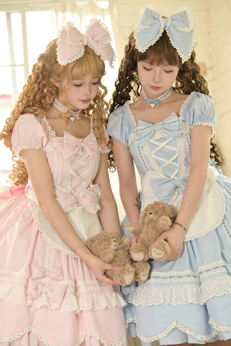 Square-Neck Cotton Dress with Double Ruffle Lace and Lacing