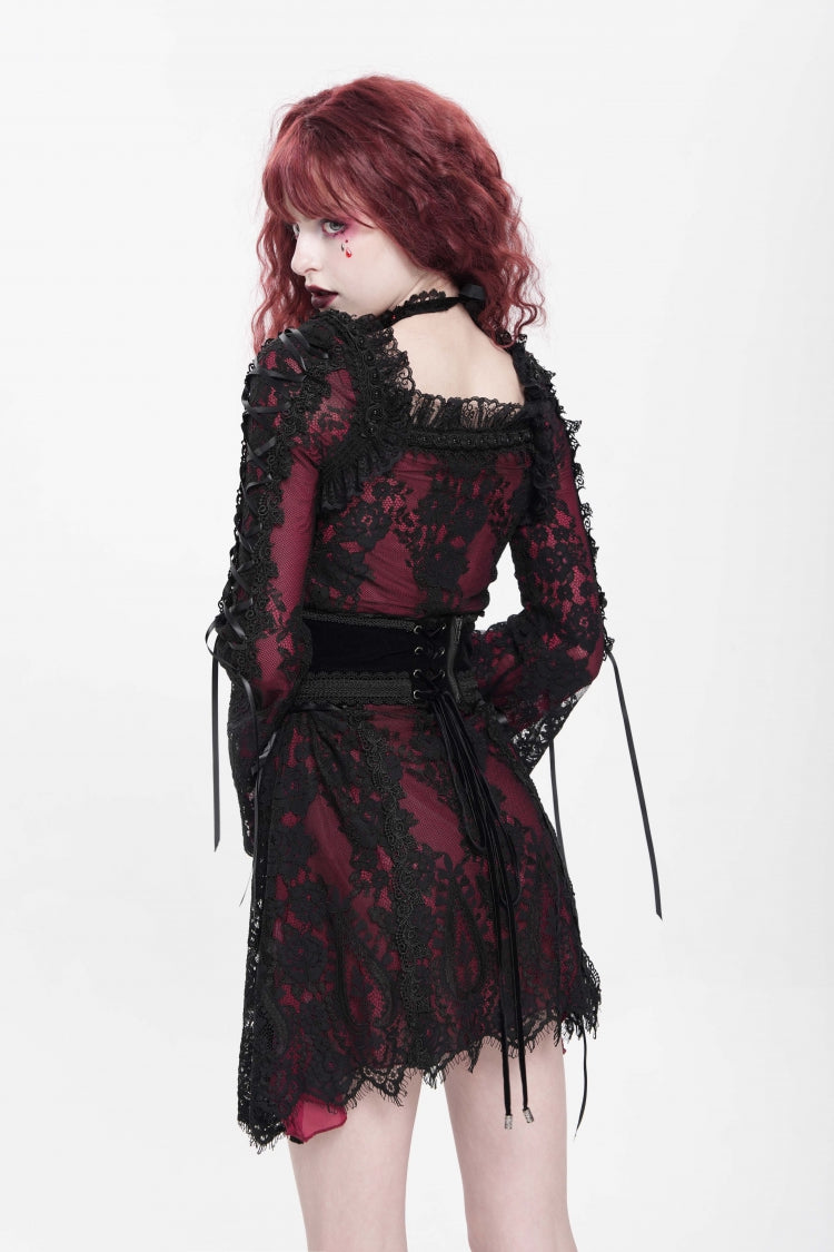 Square Collar Long Sleeve Floral Lace Lace-Up Gothic Dress