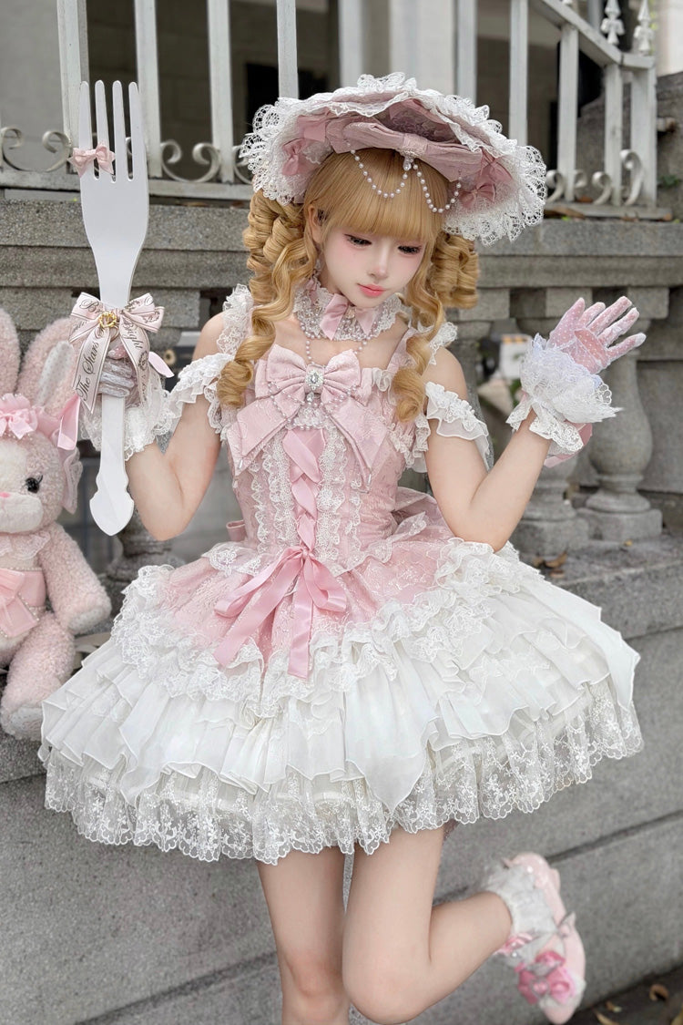 Rose Pearl Ballet Square Neck Sleeveless Layered Ruffles Bow Lace-Up Pearl Decor JSK