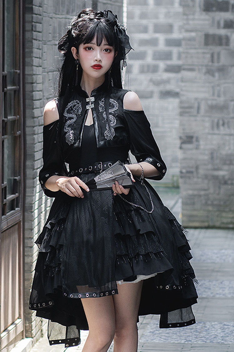 Dark Chinese-Style Gothic Lolita JSK with Dragon Print and Ruffled Layers