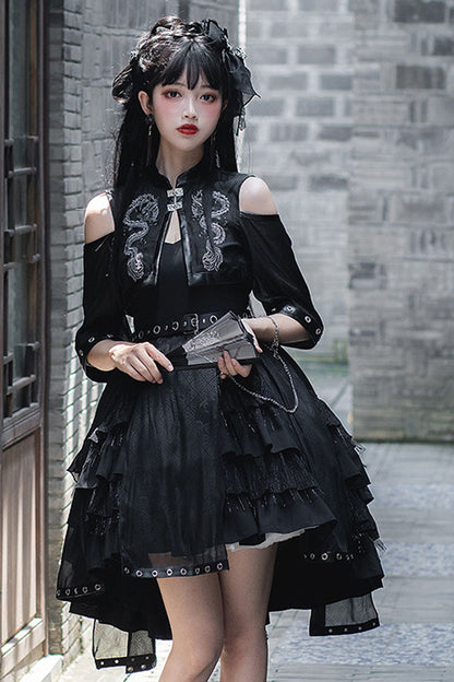 Dark Chinese-Style Gothic Lolita JSK with Dragon Print and Ruffled Layers