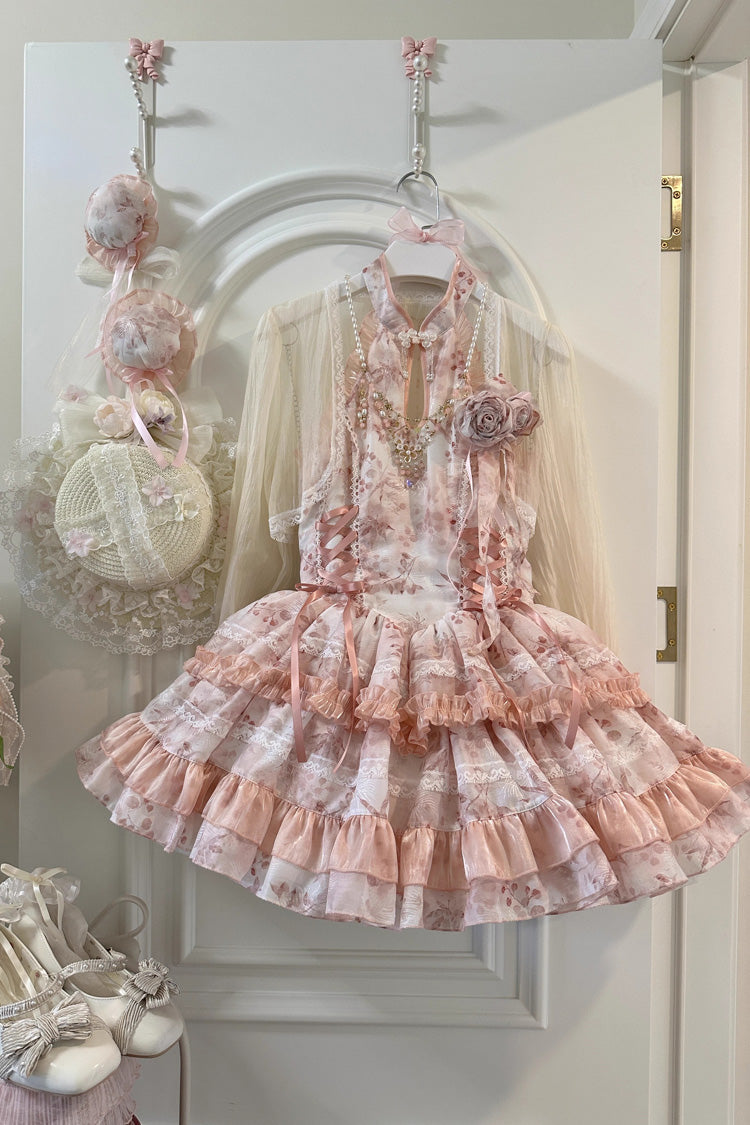 Peach Moon Bamboo Halterneck Print Ruffle Dress - Chinese Lolita Style