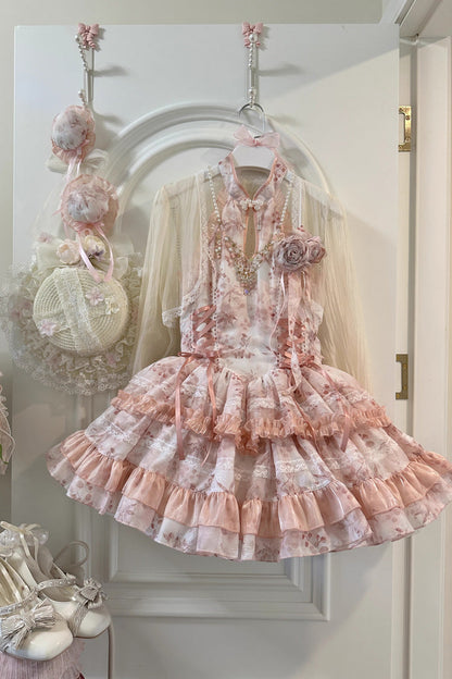 Peach Moon Bamboo Halterneck Print Ruffle Dress - Chinese Lolita Style