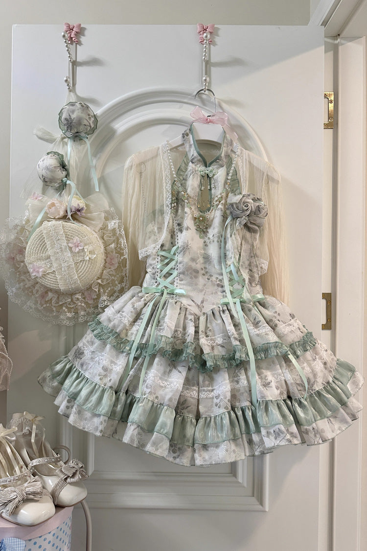 Peach Moon Bamboo Halterneck Print Ruffle Dress - Chinese Lolita Style